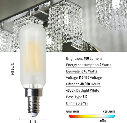 Frosted Light Bulbs E12 LED Bulb 40W Daylight White 4000K, Chandelier Light Bulb Frosted, E12 Candelabra Light Bulb 40 Watt Equivalent T6 Tubular ...