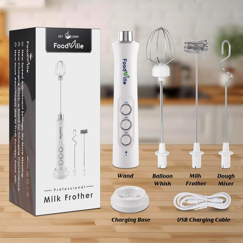 MF09 3 in 1 Rechargeable Milk Frother Handheld Foam Maker with Charging Stand & 3 Stainless Steel Whisks (White without Case)...