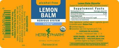 Herb Pharm Certified Organic Lemon Balm Liquid Extract for Calming Nervous System Support, Alcohol-Free Glycerite, 1 Oz...