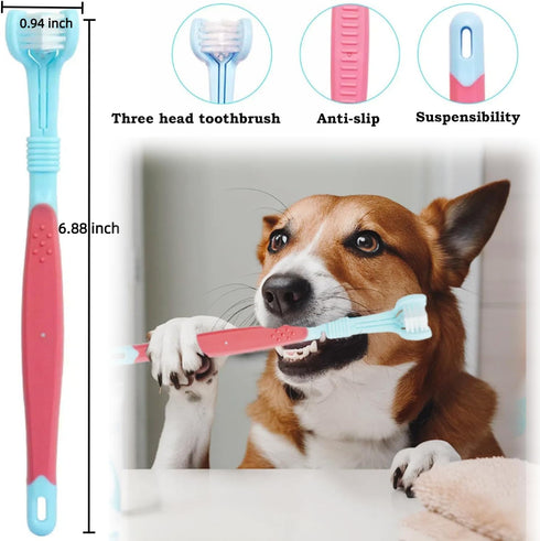 Dog & Cat Toothbrush Kit, 360º Pet Toothbrush, Food Grade Silicone Dog Finger Toothbrush, Dual Head Bristles Tooth Brush, Triple Head Dog Toothbru...