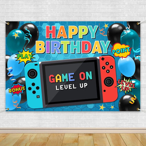 Video Game Party Supplies Happy Birthday Gaming Banner Game on Birthday Party Backdrop,Video Game Backdrop Gaming Party Props Party Accessory Part...
