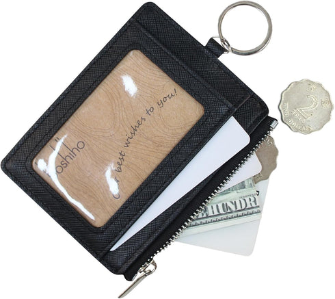 Boshiho Saffiano Leather Credit Card Holder Coin Change Purse with Key Ring Keychain - unisex...