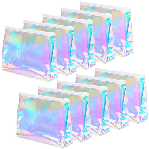 Dunzy 10 Pcs Holographic Iridescent Makeup Bag Portable Waterproof Cosmetic Makeup Pouch Cute Zippered Toiletry Bag Clear Cosmetic Bags for Travel...