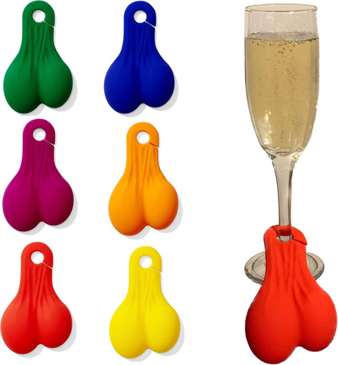 Wine Nutz - 6pcs Silicone Wine Glass Charms/Markers for Champagne Flutes Cocktails Martinis & More Rainbow Funny Gift Bachelorette Pride Party Bal...