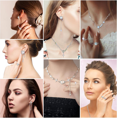 12 Pcs Y2k Necklace Jewelry Set Y2k Star Moonstone Accessories Irregular Pendant Earrings Dangling Silver Y2k Rings Aesthetic Crystal Jewelry Gift...