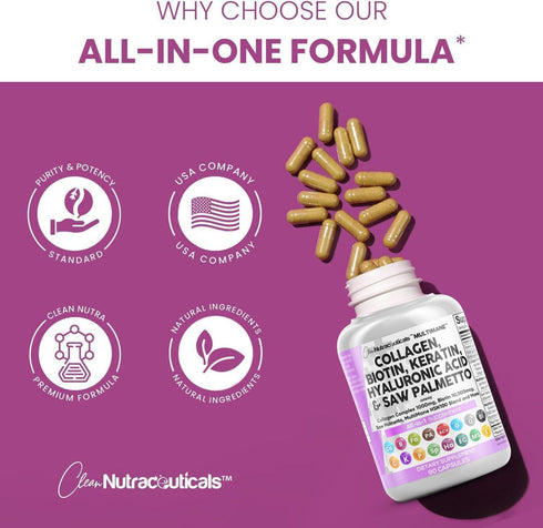 Collagen Pills 1000mg Biotin 10000mcg Keratin Saw Palmetto 2500mg Hyaluronic Acid - Hair Skin and Nails Vitamins and DHT Blocker with Vitamin E Fo...