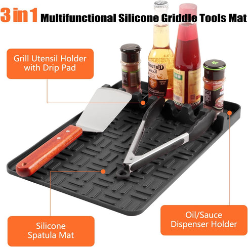 Silicone Griddle Tools Mat for Blackstone, Food Grade Spatula Mat with Drip Pad Grill Utensil Holder Side Shelf Mat for Kitchen, Cooking, Countert...