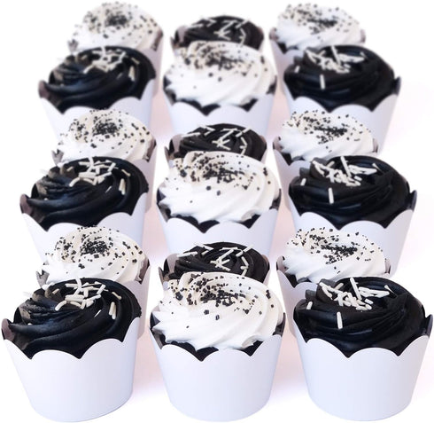 Black and White Striped Cupcake Wrappers, 50 Count - Reversible White Design, Scalloped Black and White Cupcake Wrappers for Parties and Events...