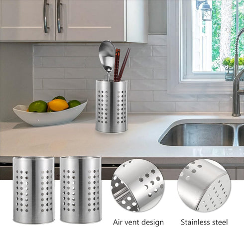 DOITOOL 2PCS Stainless Steel Kitchen Utensil Holders for Countertop Spoon Holder Silverware , Chopsticks Holder Spoon and Fork Holder for Restaura...