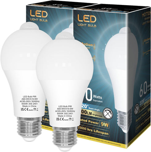 ORALUCE Motion Sensor Light Bulbs Indoor Outdoor 60 watt Equivalent, A19 E26 9W Motion Activated LED Bulb 6000K Cool White, Motion Sensor Light fo...