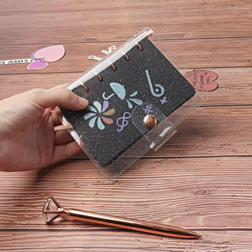 A7 Binder Cover Glitter Powder PVC Budget Binder Rose Gold 6 Round Ring Binders Snap Button Closure Loose Leaf Folders Refillable Soft PVC Noteboo...