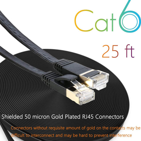 Cat 6 Ethernet Cable 25 FT Flat Internet Network Cables with Cable Clips Short Cat6 Ethernet Patch Cable with Snagless Rj45 Connectors Black Compu...
