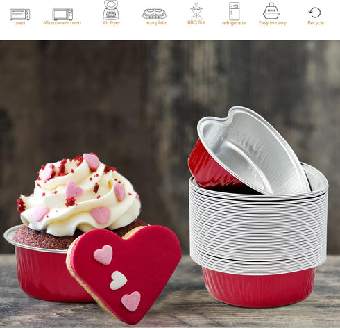 50Pcs Mini Heart Shaped Cake Pans with Lids,100 ml 3.4 oz Disposable Cupcake Cup Mini Aluminum Foil Baking Cups Ramekins Muffin Cupcake Liners for...