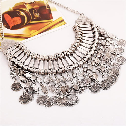 LUREME Boho Coin Statement Necklace for Women, Collar Choker Long Tassel Ethnic Gypsy Chunky Necklace (nl006294)...