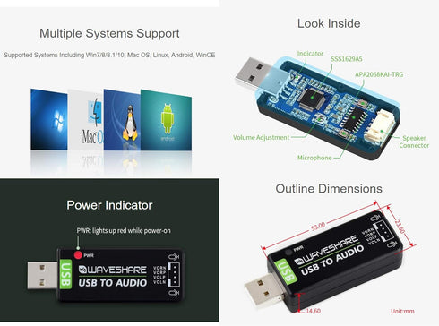 Waveshare USB Sound Card for Raspberry Pi/Jetson Nano USB Audio Module External Audio Converter Recording and Playback Support Stereo Codec Onboar...