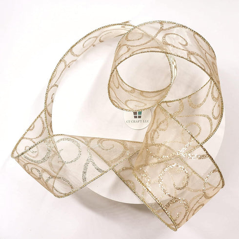 CT CRAFT LLC Organza with Champagne Gold Glitter Swirls Wired Ribbon 2.5 inch x 50 Yards for Christmas Home Decor Tree Topper Bow Gift Wrapping DI...