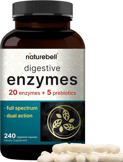 NatureBell Digestive Enzymes with Prebiotics | 240 Veggie Capsules - 20 Enzyme & 5 Prebiotic Pancreatic Enzyme Complex – Bloating Relief for Women...