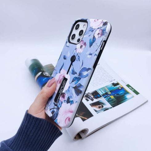 Compatible with iPhone 12 Pro Max Case Finger Grip,3D Embossed Pink Flowers Blue Shell Design, Rugged Shockproof Slim Fit Dual Layer Finger Ring L...