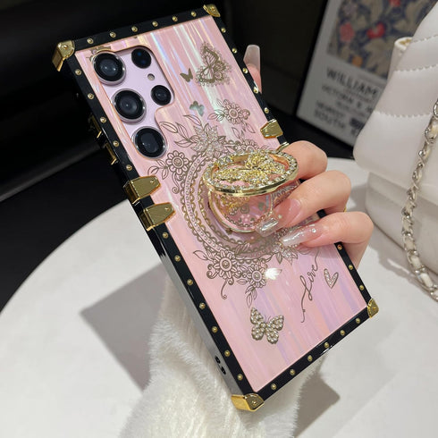 for Samsung Galaxy S24 Ultra Kickstand Case, Cute Luxury Glitter Bling Sparkly Diamond Butterfly with Ring Stand Floral TPU Bumper Shockproof Wome...