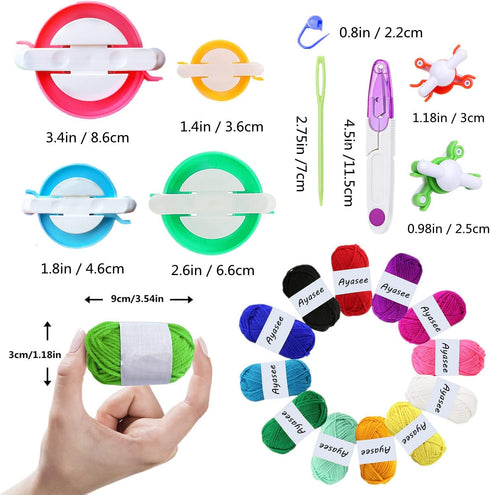 Pompom Maker kit, 6 Sizes Pom pom Makers for Fluff Ball Weaver Needle Craft DIY Wool Knitting Tool +12PS Acrylic Yarn+10PS Knitting Markers+10PS N...