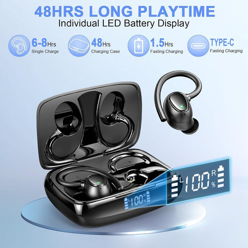Wireless Earbud Sport, Wireless Headphones Bluetooth 5.3 Over Ear IP7 Waterproof, In Ear Wireless Earphones Sports with Dual LED Display, Bass Ove...