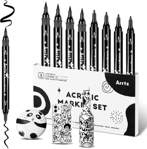 Arrtx 8 Pack Black Acrylic Paint Pens, Dual Tip Acrylic Paint Markers for Rock Painting, Graffiti, Paper, Wood, Ceramic, Fabric, Glass, Canvas, Pl...