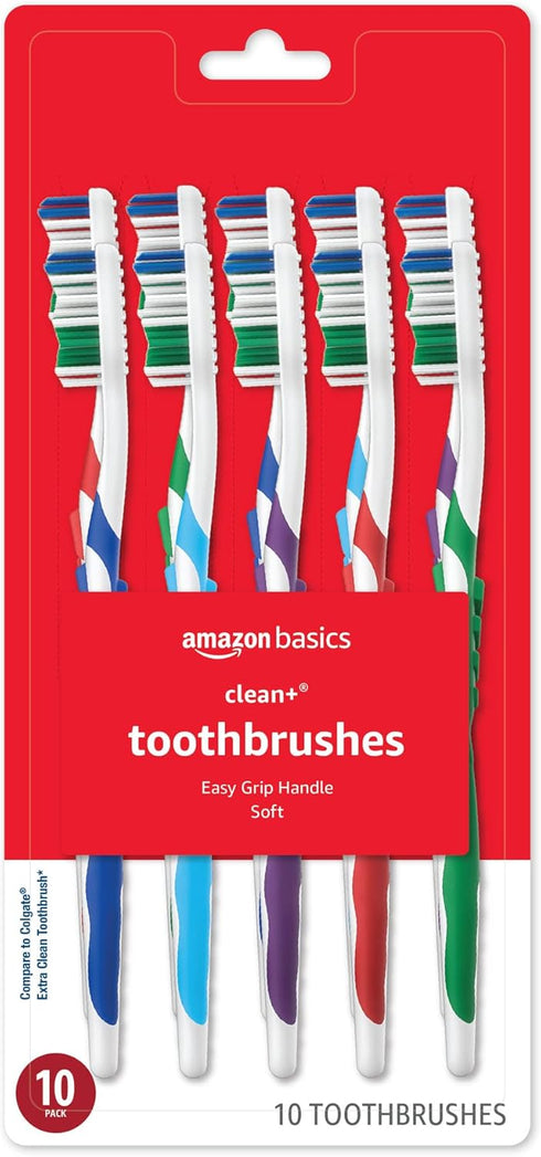 Amazon Basics Clean Plus Toothbrushes, Soft, Full, 10 Count, Assorted Colors (Previously Solimo)...