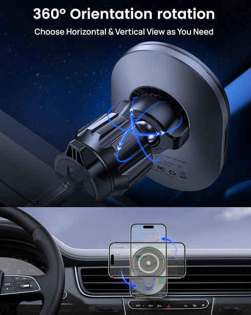 Magnetic Wireless Car Charger, 15W Fast Charging Phone Holder for Mag-Safe Car Mount, 360° Rotation Car Phone Holder Air Vent Compatible with iPho...