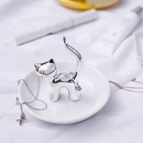 Lependor Cute Animals Cat Ring Holder Ring Dish Jewelry Holder Rings Bracelets Earrings Trinket Tray for Women Girls Birthday Gift - Silver Cat...