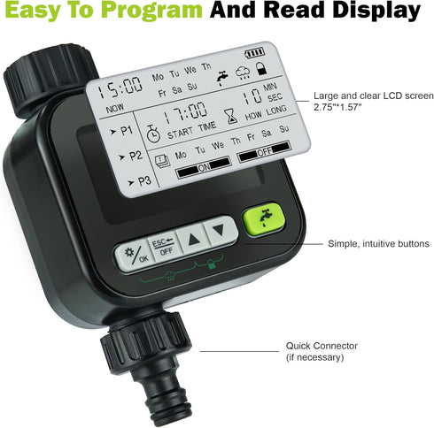 Sprinkler Timer, Water Timers for Hoses Programmable,Irrigation Timer Outdoor with 3-Time Modes/Rain Sensor/Manual Watering, Ipx5 Waterproof,1 Out...