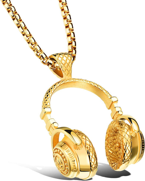 SAWADA Hip Hop Punk Style Stainless Steel Headphone Pendant Necklace DJ Music Chain Necklace Gold...