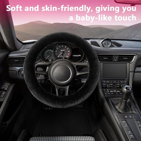 Fur Wool Sheepskin Car Steering Wheel Cover, 15 Inch Fluffy Anti-Slip Auto Steering Wheel Protector for Warm Winter, Universal Fuzzy Plush Vehicle...