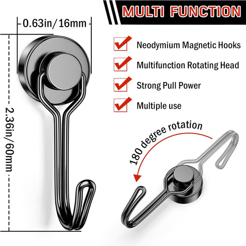 FINDMAG 30 LBS Magnetic Hooks Heavy Duty Magnetic Swivel Hooks Cruise Black Strong Neodymium Magnet Hook for Hanging, Magnets with Hook for Refrig...