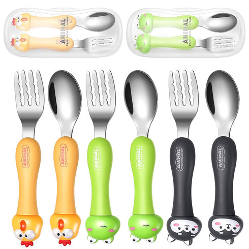 6 Pieces Toddler Utensils Baby Spoon Fork Set Toddler Flatware Set with Travel Case Baby Feeding Training Spoons Forks with Cute Cartoon Handle St...