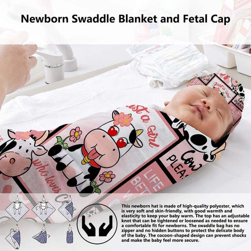 Who Love Cows Newborn Swaddle Blankets with Hat Sets,Newborn Receiving Blanket for Boy Girl,Swaddle Sack Shower One Size...