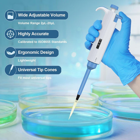 2-20?L Single Channel Pipette, Adjustable Variable Volume Micropipette High Precision Pipettor Lab Micro Pipettes for Laboratory...