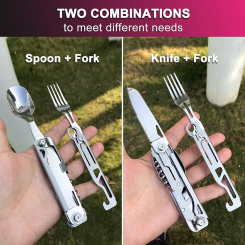 6-in-1 Detachable Camping Utensils Flatware Set - Multi-Function Travel Pocket Cutlery Folding Spoon, Fork, Knife, Wine Bottle Opener Can Opener P...