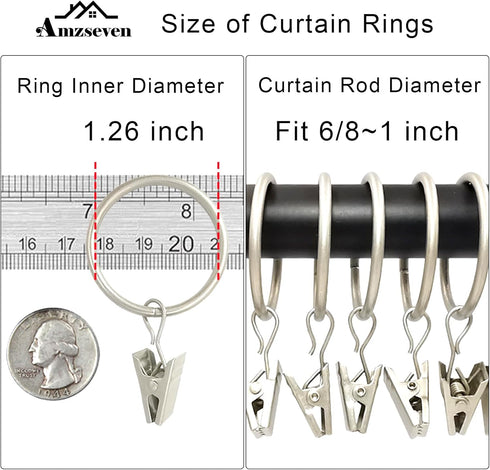 40 Pack Curtain Rings with Clips, Drapery Clips with Rings, Drapes Rings 1.26 in Interior Diameter, Fits up to 1 in Curtain Rod, Matte Silver...