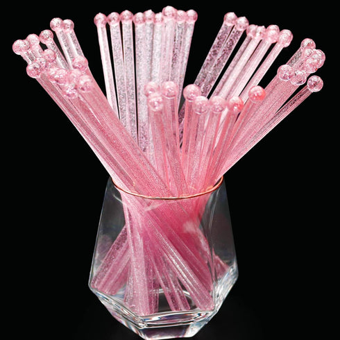 100-PCS Pink Glitter Plastic Swizzle Sticks, Crystal Cake Pops, Cocktail Coffee Drink Stirrers, Lolipop Stick for Valentines Day Christmas Party, ...