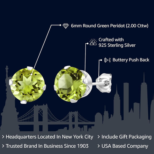 Gem Stone King 925 Sterling Silver Green Peridot Stud Earrings For Women (2.00 Cttw, Gemstone Birthstone, Round 6MM)...