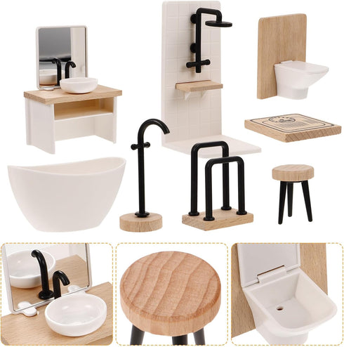 Toyvian 8pcs Dollhouse Bathroom Set: 1 12 Scale Dollhouse Toilet Bathtub Basin Wooden Bathroom Cabinet with Sink Miniature Furniture for Doll Bath...