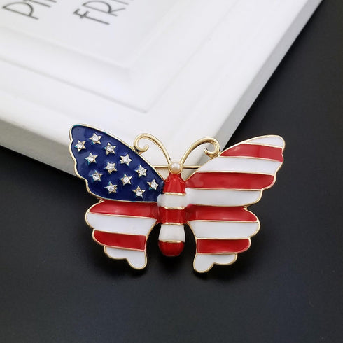 YOQUCOL Simulated Pearl Gold Tone United States American Flag Enamel Butterfly Brooch Pin...