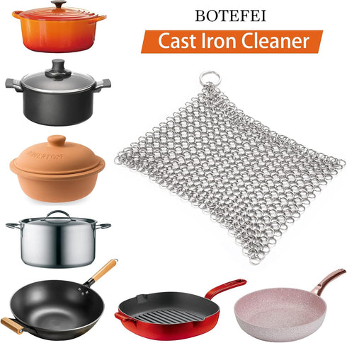 Cast Iron Cleaner 6"x6.3" 316L Stainless Steel Chainmail Scrubber for Griddle Skillet Dutch Oven Wok Stainless Steel Pot Cast Iron Pan Support Dis...