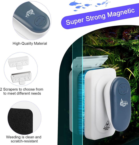 AQQA Aquarium Strong Magnetic Cleaner Brush, Fish Tank Glass Algae Magnet Cleaning Tool Floating Cleaner Scrubber Brush with 2 Detachable Scraper ...