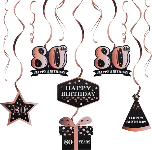 LINGTEER Happy 80th Birthday Decorations - 12 Pcs Birthday Black & Rose Gold Foil Swirls Streamer Set,Cheers to Eighty Years Old Bday Party Gift D...