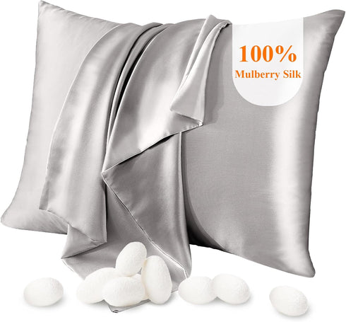 100% Mulberry Silk Pillow Cases Silk Pillowcase for Hair and Skin Both Side Real Silk Pillowcases Hidden Zipper 21 Momme Silk Pillow Covers(Grey, ...