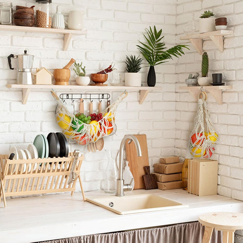 2 Pcs 11.8 x 20 Inch Large Macrame Fruit Hammock Under Cabinet Veggie Banana Hammock Hanging Fruit Basket Saves Counter Space for Kitchen Hand-wov...