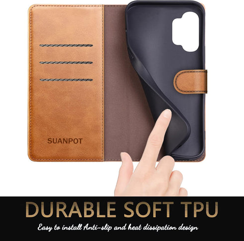 SUANPOT for Samsung Galaxy A32 5G RFID Blocking Leather Wallet Case - Flip Folio, Card Holder, Shockproof, Light Brown...