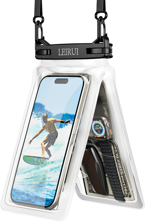Large Waterproof Phone Pouch, Double Space Floating Water Proof Phone Case for Swimming Beach Vacation Cellphone Dry Bag with Detachable Lanyard f...
