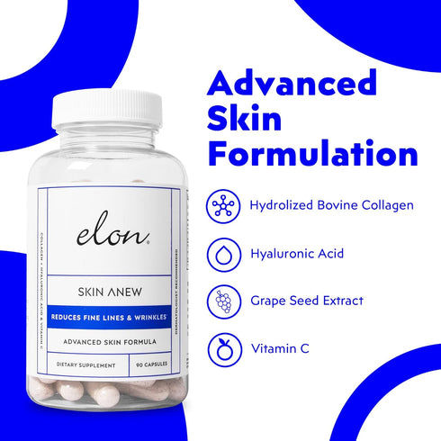 Elon Skin Anew with Hydrolyzed Collagen & Hyaluronic Acid & Antioxidants | Hydrating & Anti Aging Skin Supplement for Vibrant Skin Health (90 caps...